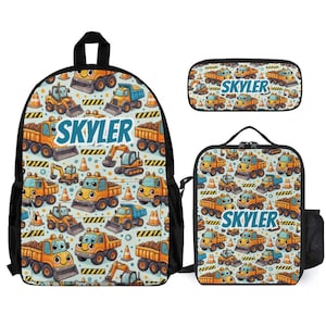 Construction Site Trucks Kids Backpack Set Personalized School Bag Lunchbox Pencil Case Back to School Gift Custom 3 Piece Backpack Bundle