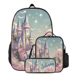 Backpack Princess Palace Schoolbag Custom for Girls Bookbag and Lunchbox Lunch Bag Pencil Case Personalized Set Back to School Bag with Name