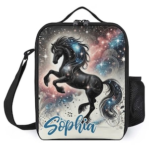 Sac à lunch personnalisé pour enfants avec monogramme personnalisé avec nom Sac à lunch Black Horse Star Galaxy pour camp scolaire garçons et filles