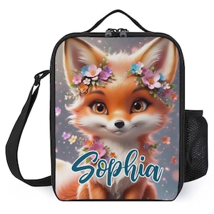 Sac à lunch personnalisé pour enfants avec monogramme personnalisé avec nom Sac à lunch floral animal renard des bois pour camp scolaire garçons et filles