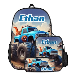 Backpack Blue Monster Truck Schoolbag Custom Boys Bookbag and Lunchbox Lunch Bag Pencil Case Personalized Set Back to School Bag with Name