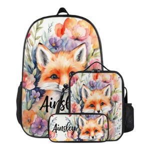 Joli renard des bois personnalisé avec nom, sac à dos, étui à crayons, sac à lunch pour bambin d'âge préscolaire, école primaire, fille, garçon, personnalisé