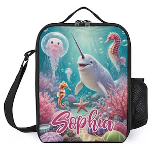 Sac à lunch personnalisé pour enfants avec monogramme personnalisé avec nom Narval Sac à lunch sous la mer océan pour camp scolaire garçons et filles
