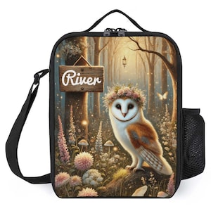 Sac à lunch personnalisé pour enfants avec monogramme personnalisé avec nom, chouette effraie des clochers, sac à lunch esthétique pour camp scolaire garçons et filles