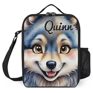 Sac à lunch personnalisé pour enfants avec monogramme personnalisé avec nom Renard face vers le haut Sac à lunch gris joyeux pour camp scolaire garçons et filles