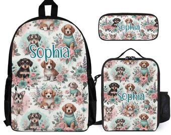 Puppy Dogs and Flowers Kids Backpack Set Personalized School Bag Lunchbox Pencil Case Back to School Gift Custom 3 Piece Backpack Bundle