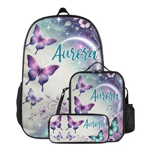 Backpack Butterfly Schoolbag Custom Girls Kids Bookbag and Lunchbox Lunch Bag Pencil Case Personalized Set Back to School Bag with Name
