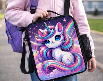Unicorn Kitten Rainbow Cat Lunch Bag Kawaii Insulated Crossbody Tote Kids Cute Lunchbox for Girls School Camp Daycare Travel Lunchbag