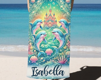 Toalla de playa infantil personalizada con nombre, delfines nadando bajo el agua, toallas de piscina personalizadas con monograma para niñas pequeñas.
