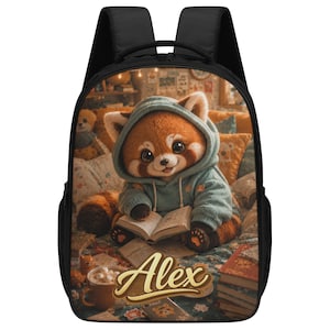 Red Panda School Backpack for Boys, Personalized Cute Animal Backpack, Woodland Kids Bookbag Gift