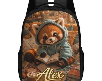 Red Panda School Backpack for Boys, Personalized Cute Animal Backpack, Woodland Kids Bookbag Gift