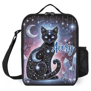 Sac à lunch personnalisé pour enfants avec monogramme personnalisé avec nom Sac à lunch galaxie chaton noir pour camp scolaire garçons et filles