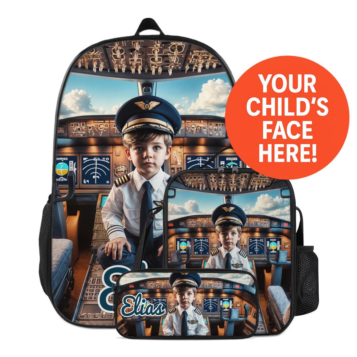 Custom Photo Kids Backpack Lunchbox Lunch Bag Pencil Case Set Personalized Name Face Swap Gift Back to School Boy Toddler Airplane Pilot