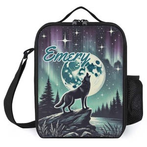 Sac à lunch personnalisé pour enfants avec monogramme personnalisé avec nom Loup hurlant au clair de lune Sac à lunch pour camp scolaire garçons et filles