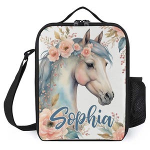 Sac à lunch personnalisé pour enfants avec monogramme personnalisé avec nom Sac à lunch aquarelle fleurs de cheval pour camp scolaire garçons et filles