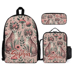 Cottagecore Leopard Floral Kids Backpack Set Personalized School Bag Lunchbox Pencil Case Back to School Gift Custom 3 Piece Backpack Bundle