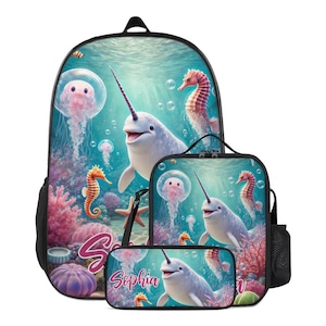 Rucksack Narwhal Ocean Schultasche Custom für Mädchen Büchertasche und Lunchbox Lunchbag Federmäppchen personalisierte Set Zurück zu Schultasche mit Name