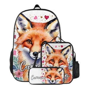 Backpack Fox Woodland Schoolbag Custom for Girls Bookbag and Lunchbox Pencil Case Personalized Set Lunch Bag Pencil Pouch Kids with Name