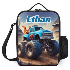 Sac à lunch personnalisé pour enfants avec monogramme personnalisé avec nom Sac à lunch bleu Monster Truck Dirt Road pour camp scolaire garçons et filles