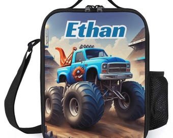 Bolsa de almuerzo personalizada para niños, bolsa de almuerzo con monograma personalizado y nombre, bolsa de almuerzo azul con diseño de camión monstruo en camino de tierra para niños y niñas de campamento escolar.