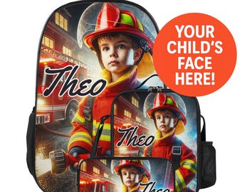 Custom Photo Kids Backpack Lunchbox Lunch Bag Pencil Case Set Personalized Name Face Swap Gift Back to School for Boy Firefighter Fireman