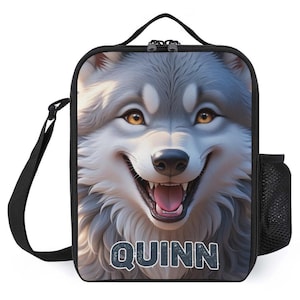 Sac à lunch personnalisé pour enfants avec monogramme personnalisé avec nom Sac à lunch de loup gris face vers le haut pour camp scolaire garçons et filles