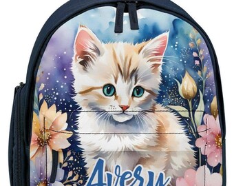 水彩子猫の女の子用ネイビーブルー幼児用バックパック、名前入り、カスタムパーソナライズキッズバッグ、幼稚園、保育園、スクールバッグ