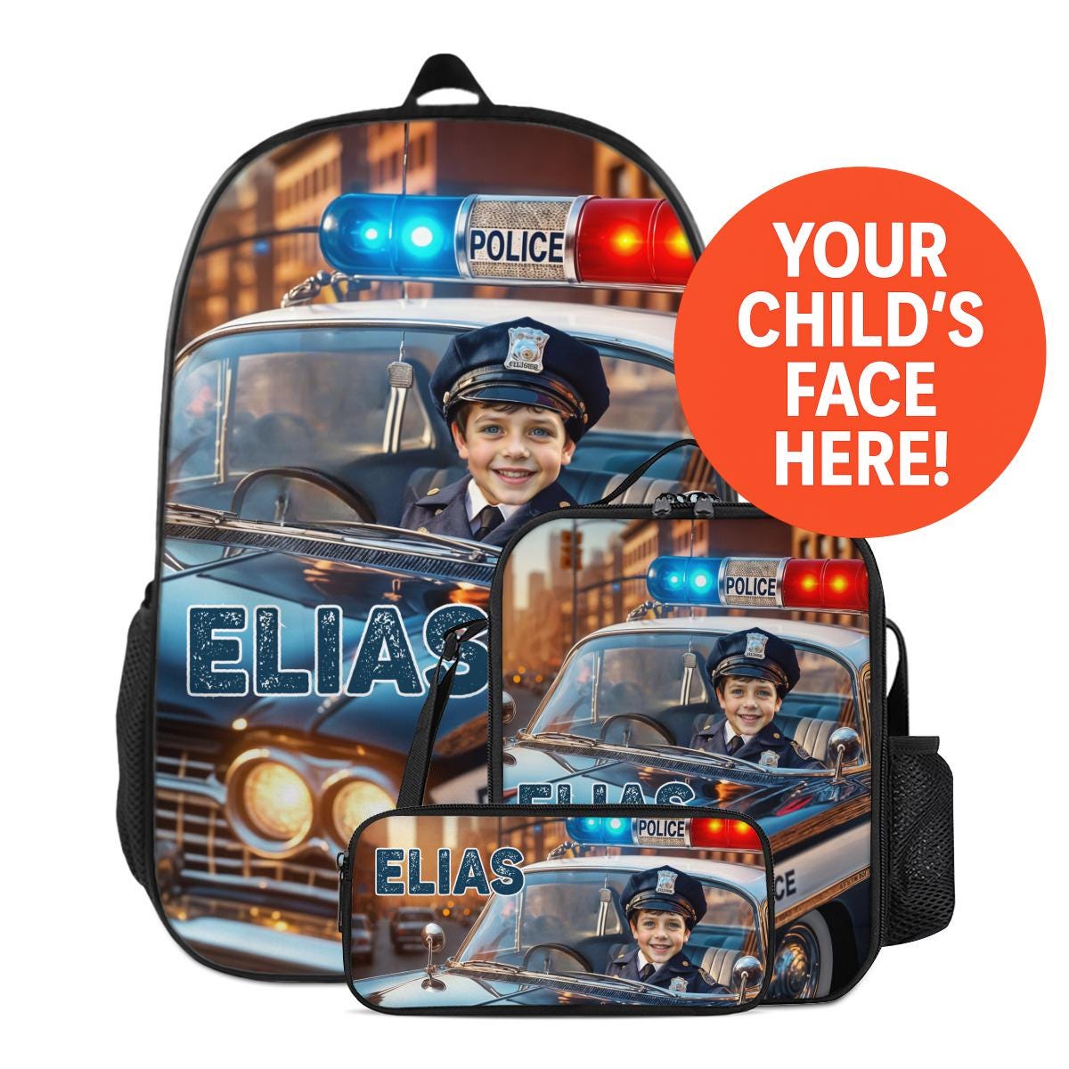 Custom Photo Kids Backpack Lunchbox Lunch Bag Pencil Case Set Personalized Name Face Swap Gift Back to School Boy Toddler Police Policeman