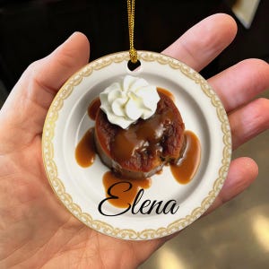 Custom Sticky Toffee Pudding, Whipped Cream, British Dessert Lovers Personalized Christmas Food Ornament Gift (Flat Design, NOT 3D)