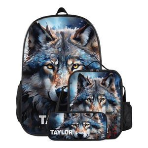Sac à dos scolaire personnalisé avec un nom personnalisé, une trousse, un sac à lunch, des loups pour le préscolaire, primaire et secondaire
