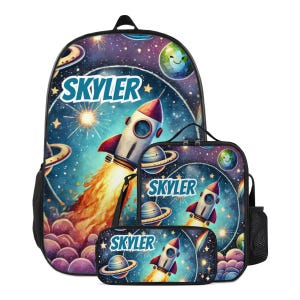 Backpack Outer Space Ship Schoolbag Custom for Kids Bookbag and Lunchbox Lunch Bag Pencil Case Personalized Set Back to School Bag with Name