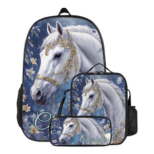 Horse Personalized Backpack Set for Kids Custom Name Schoolbag Lunch Bag Pencil Case Bookbag School Supplies Back to School Gift Girls