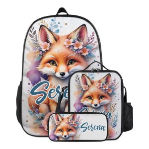 Backpack Floral Fox Cute Schoolbag Custom for Girls Bookbag and Lunchbox Lunch Bag Pencil Case Personalized Set Back to School Bag with Name