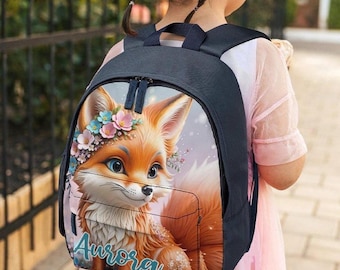 水彩フォックスガールズネイビーブルー幼児用バックパック、名前入り、カスタムパーソナライズキッズバッグ、幼稚園、保育園、スクールバッグ
