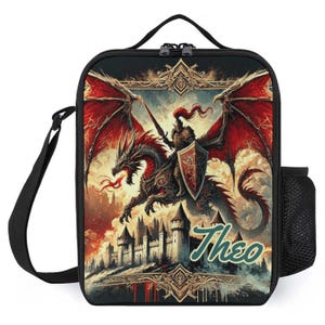 Sac à lunch personnalisé pour enfants avec monogramme personnalisé avec nom Dragon Knight Sac à lunch médiéval pour camp scolaire garçons et filles