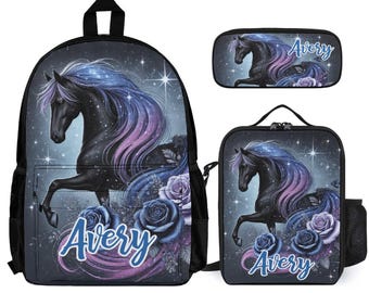 Black Floral Horse Girls Kids Backpack Set Personalized School Bag Lunchbox Pencil Case Back to School Gift Custom 3 Piece Backpack Bundle