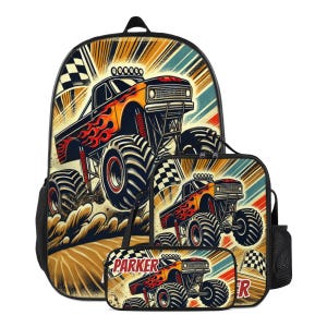 Backpack Monster Truck Schoolbag Custom for Boys Bookbag and Lunchbox Lunch Bag Pencil Case Personalized Set Back to School Bag with Name