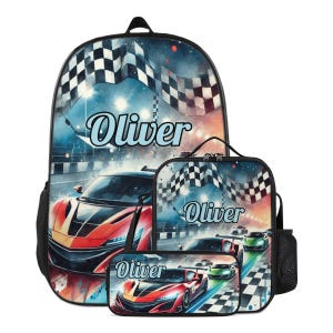 Sport Autos personalisierte Rucksack Set für Kinder Name Schultasche Lunch Bag Federmäppchen Büchertasche Schulbedarf Back to Schule Geschenk Mädchen