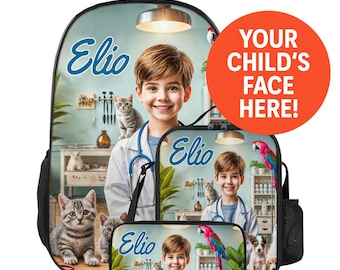 Custom Photo Kids Backpack Lunchbox Lunch Bag Pencil Case Set Personalized Name Face Swap Gift Back to School Boy Veternarian Vet Animal Dr.