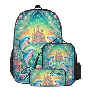 Backpack Dolphin Palace Schoolbag Custom for Girls Bookbag and Lunchbox Lunch Bag Pencil Case Personalized Set Back to School Bag with Name