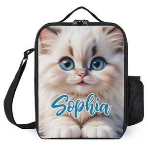 Sac à lunch personnalisé pour enfants avec monogramme personnalisé avec nom Sac à lunch blanc chaton de près pour camp scolaire garçons et filles