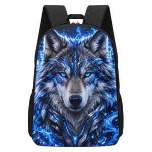 May include: A black backpack featuring a vibrant, high-contrast graphic print of a wolf's face on the front panel. The wolf has piercing bright blue eyes, surrounded by glowing blue lightning patterns and metallic, futuristic armor elements.