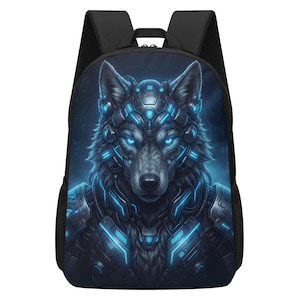 May include: A black backpack featuring a front panel graphic of a cybernetic wolf with glowing blue eyes and mechanical armor plating. The design includes intricate dark gray and blue circuitry patterns, adjustable shoulder straps, and side mesh pockets.