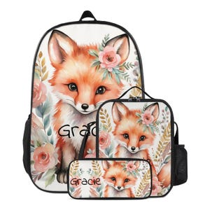 Joli renard des bois rose personnalisé avec nom, sac à dos, étui à crayons, sac à lunch pour bambin d'âge préscolaire, école primaire, personnalisé