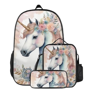 Unicorn Personalized Backpack Set for Kids Custom Name Schoolbag Lunch Bag Pencil Case Bookbag School Supplies Back to School Gift Girls