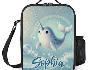 Personalized Lunchbag for Kids Custom Monogrammed Lunch Tote with Name Blue Narwhal Under Sea Ocean Lunch Bag for School Camp Boys & Girls