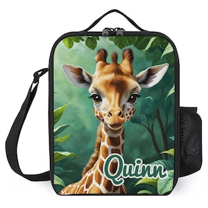 Sac à lunch personnalisé pour enfants avec monogramme personnalisé avec nom girafe animal dans la forêt Sac à lunch pour camp scolaire garçons et filles
