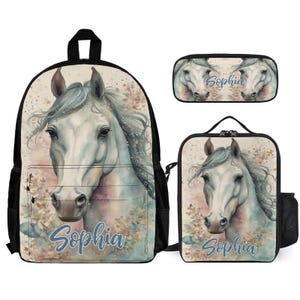 Aquarell Pferd Mädchen Kinder Rucksack Set Personalisierte Schultasche Lunchbox Federmäppchen Zurück zu Schulgeschenk Benutzerdefinierte 3-teiliges Rucksack-Bundle