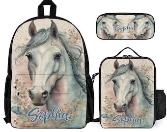 Watercolor Horse Girls Kids Backpack Set Personalized School Bag Lunchbox Pencil Case Back to School Gift Custom 3 Piece Backpack Bundle