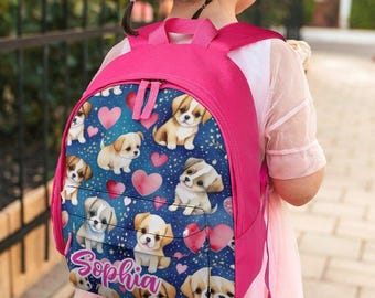 Welpen Muster Mädchen Rosa Kleinkind Rucksack mit Namen Personalisierte Kindertasche Vorschule Kindergarten Tagesstätte Monogramm Back to School